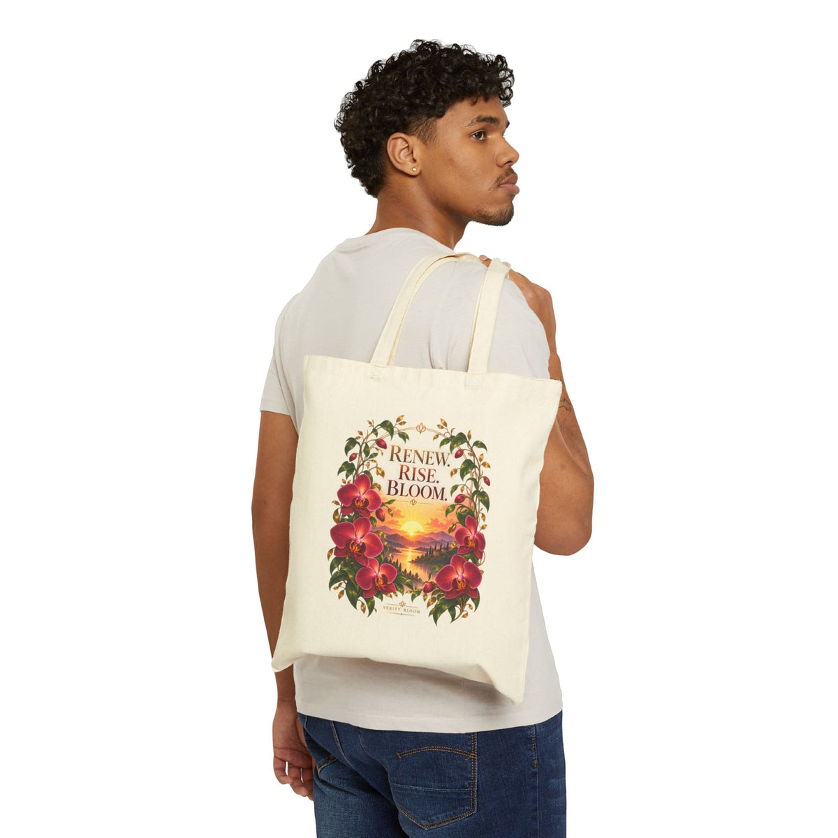 Renew Rise Bloom Canvas Tote Bag — Floral Sunset Eco Grocery Shopping Bag