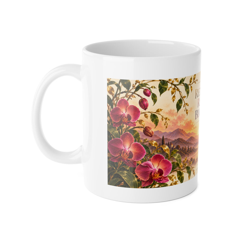 Renew Rise Bloom Ceramic Mug — Inspirational Floral Sunset Coffee Cup