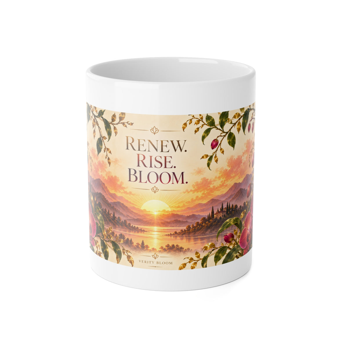Renew Rise Bloom Ceramic Mug — Inspirational Floral Sunset Coffee Cup