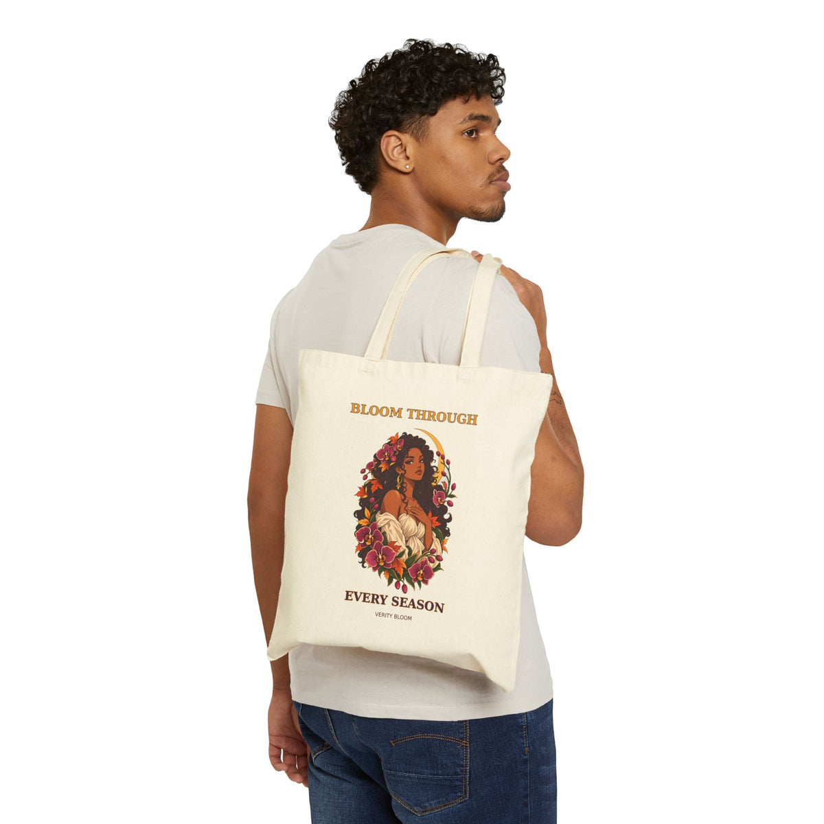 Canvas Tote - "Bloom Through Every Season" Floral Woman Reusable Bag